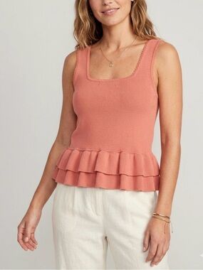 Primark Coral Pink Ruffle Peplum Hem Knit Tank Top Ribbed Square Neck